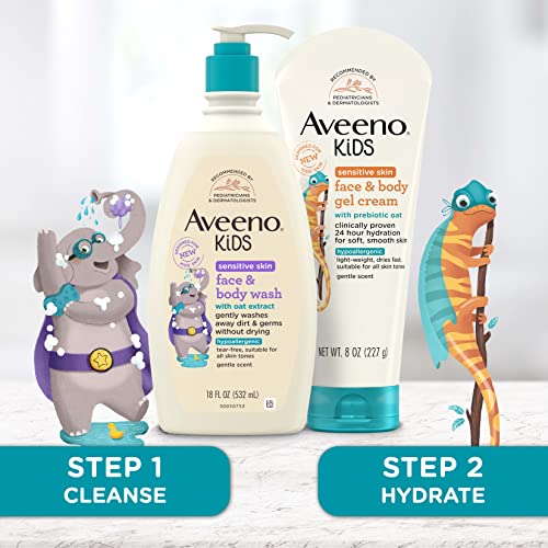 Aveeno Kids Face & Body Wash for Sensitive Skin, Oat Extract, Tear-Free, Non-Drying, Light Scent, Pump Dispenser, Hypoallergenic, Phthalate, Sulfate & Dye Free, 18 fl oz