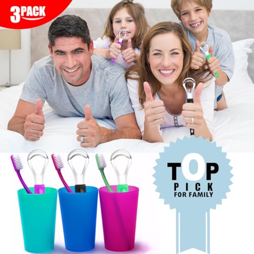 3 Pack Metal Tongue Scrapers for Kids Adults, Stainless Steel Tongue Cleaner Scrubber with Travel Case