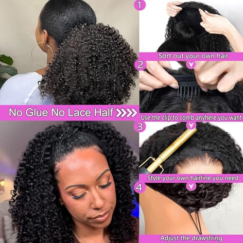 22 Inch Half Wig Human Hair 200% Density Jerry Curly Half Wig 3 In 1 Seamless Flip Over Glueless Wigs Human Hair with Drawstring Beginner Friendly Curly Headband Wig Human Hair for Women Daily Wear