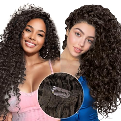 Hetto Curly Hair Extensions Brown Curly Clip in Hair Extensions Human Hair Natural Wavy #2 Darkest Brown Curly Clip Hair for Women 7Pcs 135g 22 Inch