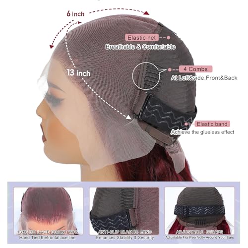 99j Burgundy 13x6 Body Wave Lace Front Wigs Human Hair 200% Density Glueless HD Transparent Lace Frontal Wigs Human Hair Pre Plucked With Baby Hair Burgundy Wine Red Wigs For Women 32 Inch