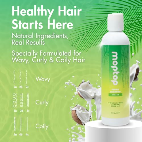 MopTop Gentle Shampoo ? Every Day Curly Hair Sulfate Free Shampoo, Improves Moisture & Reduces Frizz, Paraben Free Natural Hair Products for Straight, Wavy, Curly, Coily Texture (Bamboo, 2pk)