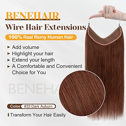 Benehair Human Hair Extensions Thick Ends Invisible Wire Real Human Hair with 2 Fish Lines Thicker Hairpieces 20inch 110g Dark Auburn Hair Extensions Straight Thicker Hairpieces for Women #33