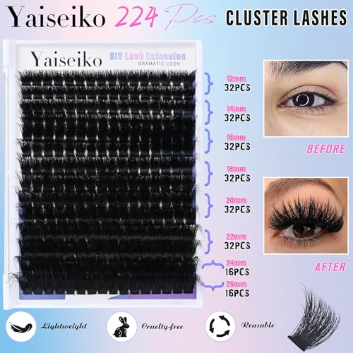 Lash Clusters 300D Thick Long 12-25mm Volume Cluster Eyelash Extensions 224Pcs Wispy Individual Lashes D Curl Waterproof Eyelash Clusters Soft False Eyelashes DIY at Home, by Yaiseiko