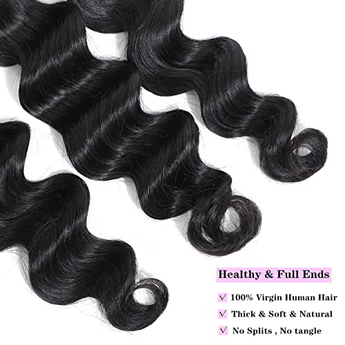 Peruvian Loose Deep Wave Bundles with Closure,(20"22"24"+18Closure) 8A Peruvian Virgin Hair Long Loose Deep Hair Bundles with 4X4 Free Part Top French Lace Closure Natural Black