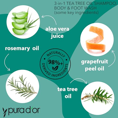 PURA D'OR 3-in-1 Tea Tree Shampoo, Body & Foot Wash, Shampoo (16oz x2 = 32oz) Total Body Care - Foot Odor & Daily Hygiene, Cleansing Routine, Post-Workout Refreshment - Soothes, Invigorates, Nourishes