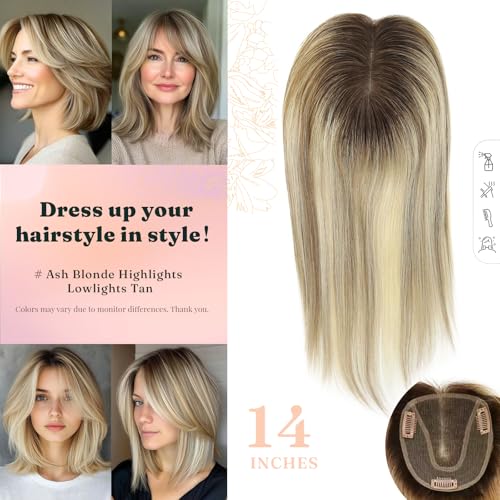 Hair Toppers for Women Real Human Hair No Bangs 4.7 * 5.1 Inch Base 14 Inch Human Hair Topper for Women with ThinningHair Cover Gray Roots (#Ash Blonde Highlights Lowlights Tan)