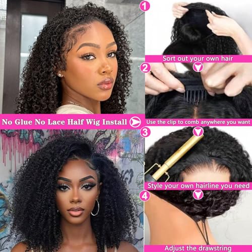22 Inch Half Wig Human Hair 200% Density Wear Go Glueless Water Wave Half Wigs 3 In 1 Seamless Flip Over Curly Wig Adjustable Drawstring Beginner Friendly Headband Wig for Women