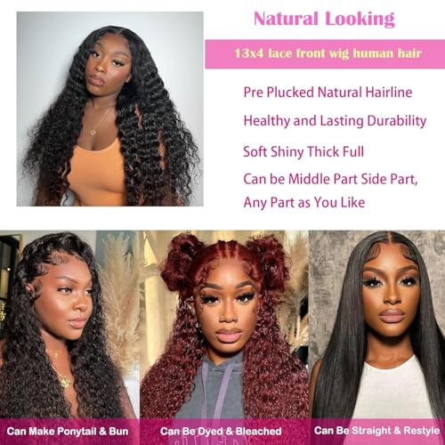 Deep Wave Lace Front Wigs Human Hair Pre Plucked 180 Density 13x4 HD Transparent Lace Frontal Wigs for Black Women Deep Curly Human Hair Lace Front Wigs (28 Inch)