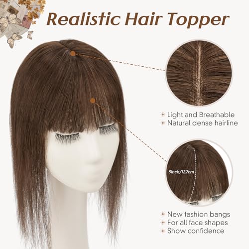 Rich Choices Real Human Hair Toppers for Women 3D Cover Clip in Bangs 100% Remy Human Clip in Silk Base Hair Topper with Bang for Thinning 150% Density 14 Inch #2R Chocolate Brown