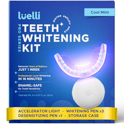 Luelli Teeth Whitening Kit with 35% Carbamide Peroxide - Teeth Whitener for Sensitive Teeth | Enamel Safe - 32 LED Lights - Wireless with Tray and Whitening Gel Pen for Home | Travel (Cool Mint)