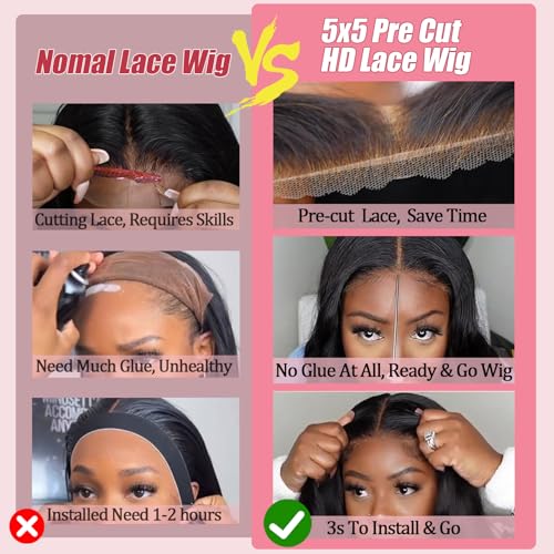 32 Inch 5x5 Body Wave Closure Wig Wear and Go Glueless Lace Closure Wig Pre Plucked Pre Bleached Pre Cut for Beginners 180% Density Body Wave Lace Front Wigs for Black Women Natural Black