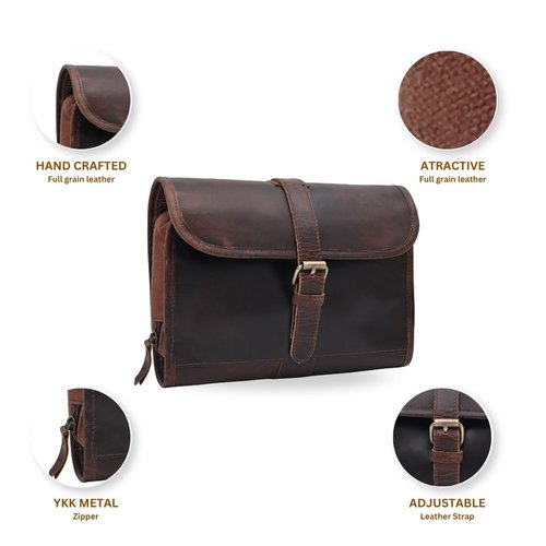 Autentico Leather Genuine Buffalo Leather Hanging Toiletry Bag with Waterproof Lining for Men & Women Handcrafted Vintage Distressed Brownn Leather Dopp Kit, Travelling Kit (Distress Brown)
