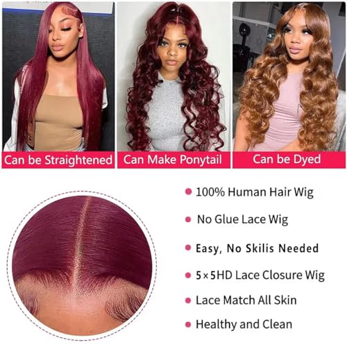 Wear and Go Glueless Burgundy Lace Front Wigs - Pre Plucked, Pre Cut Human Hair, 30 Inch Body Wave, 5x5 Lace Closure, Upgraded No Glue for Black Women
