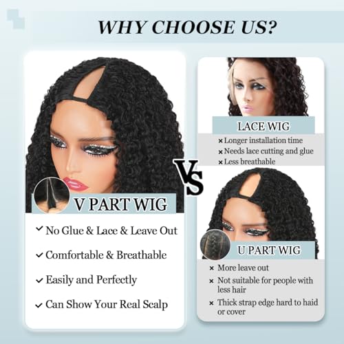 Burmese Curly V Part Wigs Human Hair 200% Density Upgrade U Part Human Hair Wigs with Drawstring and Spiral End Glueless Clip in Half Wigs for Black Women No Leave Out #1B Natural Black 18Inch