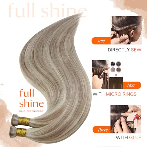 Full Shine Genius Weft Hair Extensions Color Ash Blonde Mix Bleach Blonde Hair Extensions Sew In Hand Tied Weft Extensions Soft Straight Hair For Women 24 Inch 80G