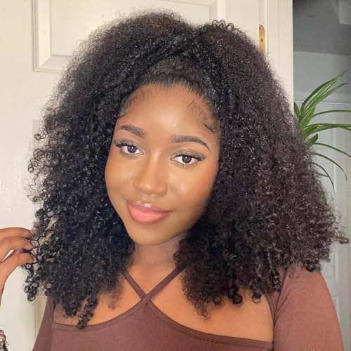 Half Wig Curly Human Hair 200% Density 3 In 1 Drawstring Seamless Clip Ins Flip Over Half Wigs for Black Women 20 Inch Kinky Curly Drawstring Headband Human Hair Wig Beginner Friendly