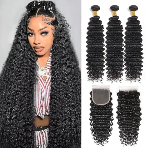 Deep Wave Bundles with Closure Human Hair (20 22 24+18 Closure) 4x4 Curly Lace Closure with Baby Hair Natural Color Pre Plucked 3 Bundles and Closure 100% Unprocessed Brazilian Virgin Remy Hair