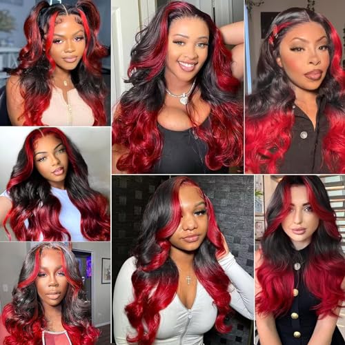 Goldfinch Highlight Red Lace Front Wig Human Hair Body Wave 13x4 HD Lace Ombre Hot Red Wigs Human Hair For Women Pre Plucked Red and Black Color Glueless Wig 150% Density 22 Inch