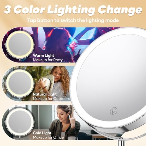10x/1x Lighted Vanity Makeup Mirror, 2000mAh Rechargeable Height Adjustable Double Sided, Magnifying Mirror with 3 Color Light, Brightness Adjustable, 360¡Æ Rotation, Women Gift