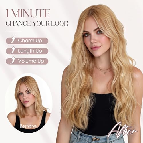 MY-LADY Wavy Halo Hair Extensions Real Human Hair for Women Medium Brown & Dark Blonde Clip in Remy Hairpiece with Adjustable Invisible Wire 18 Inch 65G