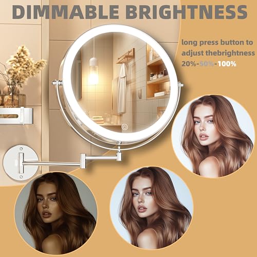 10" Wall Mounted Makeup Mirror with Light, 3000mAh Rechargeable Double Sided 1X / 7X Magnifying Vanity Mirror, 3 Color Lights Touch Dimmable 360¡Æ Rotation Bathroom Mirror, Chrome