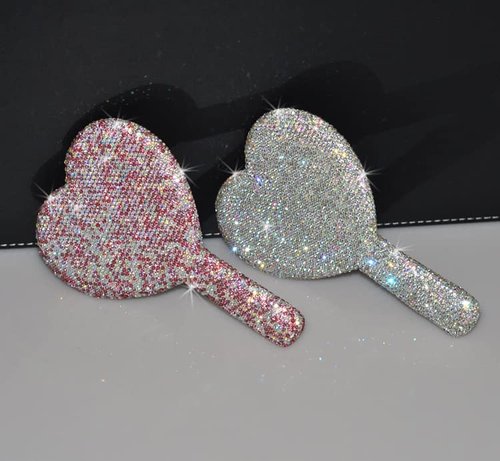 Wowagoga Sparkling Rhinestone Heart Shaped Handheld Mirror Heart Mirror Cosmetic Hand Mirror with Handle Cute Hand Mirror for Women Girls(White)