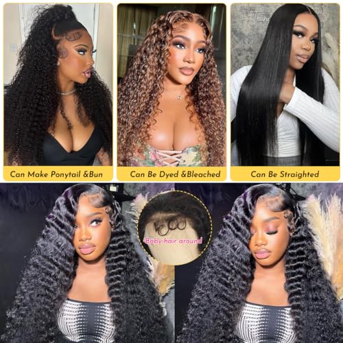 30 Inch 13x6 Deep Wave Lace Front Wigs Human Hair Deep Wave Frontal Wig 13x6 HD Lace Front Wigs Pre Plucked with Baby Hair Virgin Human Hair Wig for Women Natural Color Glueless