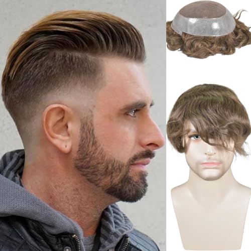 Men¡¯s Toupee 100% Human Hair French Lace Center PU Around Hair Replacement System for Men Natural Hairline 10x8Inches 6 Inch Hair Medium Density #7 Light Brown Color