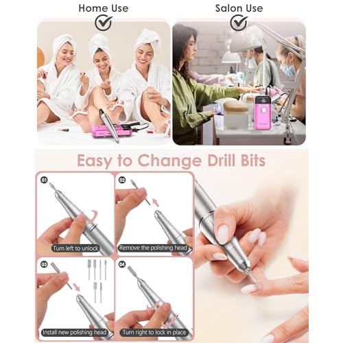Portable Nail Drill Professional: 45000 RPM Rechargeable Electric Nail Drills Machine with 6 Bits, Drill para U?as Profesional E File for Acrylic, Gel Nails, Manicure & Pedicure - Salon & Home Use