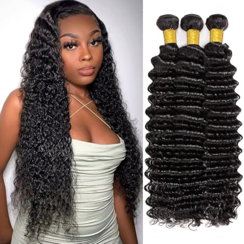 12A Deep Wave Human Hair Bundles 20 20 20 Inch Raw Curly Bundles Human Hair 100% Unprocessed 3 Bundles Brazilian Virgin Human Hair Extensions Quick Weave Natural Black Color