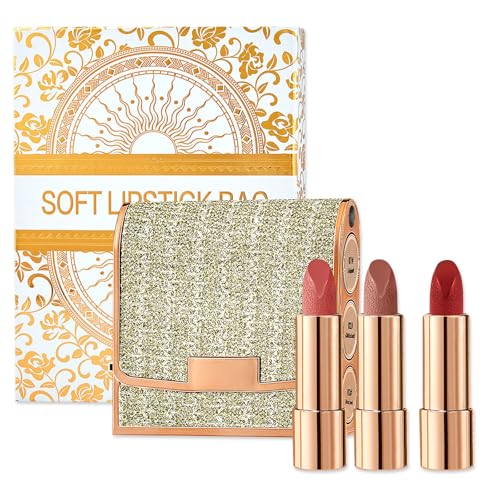 3 Colors Matte Lipstick Set Long Lasting Lip stick 24 hr Lip stick for Women Waterproof Non-sticky Multi-occasions Professional Lipstick for Women lip balm with Exquisite Chain Bag 3.5gx3pcs