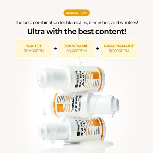 Tranexamic Acid 5% + Niacinamade 5% + Baku-CE 3% Ampoule, Duo Solution Repair Mela Ampoule - Tranexamic acid 50,000ppm, Niacinamade 50,000ppm, Bakuchiol 30,000ppm, PDRN, Peptides, Hyaluronic