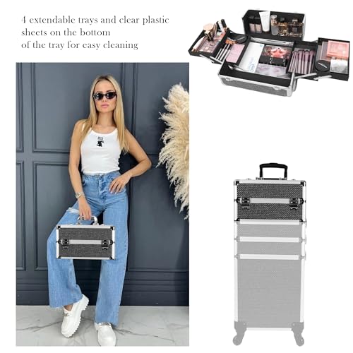 Professional Rolling Makeup Case with Wheels, 5-in-1 Makeup Train Case, Cosmetic Makeup Trolley Cart Travel Cosmetology Case On Wheels with Key for Hairstylists, Nail Tech(Black Crystal)