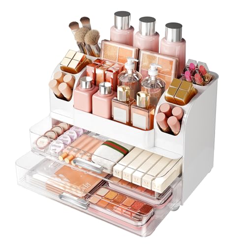 Makeup Organizer, Large Vanity Organizer with Brush Holder and 2 Drawers, Clear Cosmetic Storage Box for Bathroom Countertop, Toiletry and Skincare Storage for Lipsticks, Lotion, and perfume, White