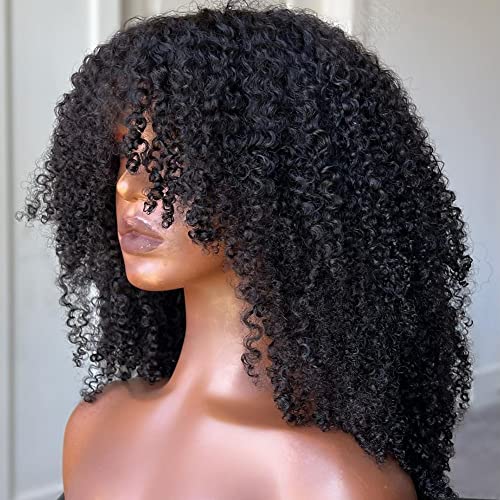 Full 200 Density Afro Kinky Curly Human Hair Wig With Bang Brazilian Virgin Afro Coily Wigs Bangs For Black Women Machine Scalp Top Wig Glueless 16inch