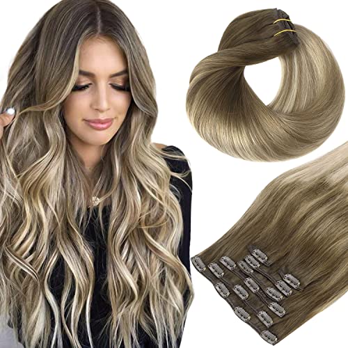 HOTBANANA Human Hair Clip in Hair Extensions, Ombre Walnut Brown to Ash Brown and Bleach Blonde 120g Clip in Hair Extensions Real Human Hair Straight Remy Hair Clip Ins 20 Inch 7pcs