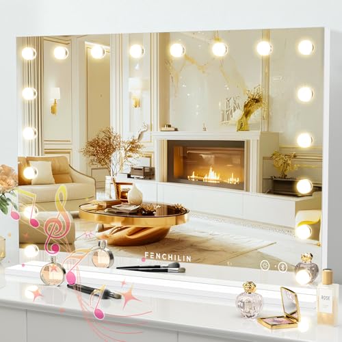 FENCHILIN Vanity Mirror with Lights 32''x23'' Tempered Glass Large Hollywood Mirror with 18 Dimmable Bulbs for Makeup Table/Hanging Bluetooth Speaker Mirror with Touch Screen & USB Charge Port
