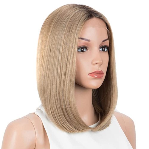 NOBLE Honey Blonde Lace Front Bob Wigs for Women T Part HD Lace Front Wigs with Brown Roots Synthetic Long Bob Wigs for Party and Daily Use (Ombre Brown Blonde with Dark Root Color)