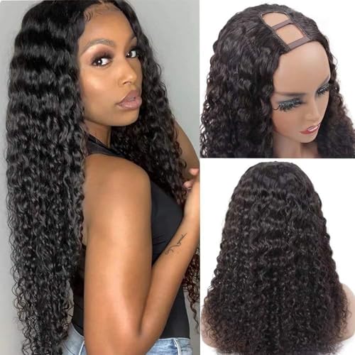Deep Wave U Part Wigs Human Hair 26Inch Virgin Brazilian Remy Deep Curly U Shape Wig Human Hair Wigs for Black Women 180% Density Glueless Full Head Middle Part Clip in Half Wig Natural Color