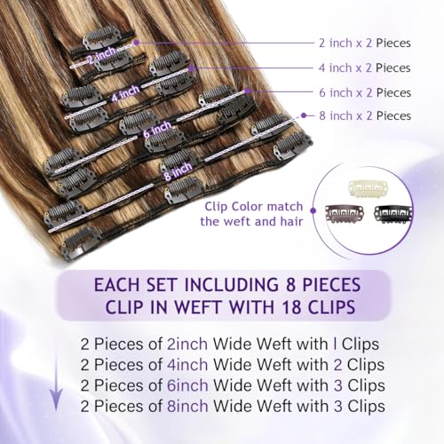 Clip in Hair Extensions Real Human Hair, 22inch 110g, 100% Brazilian Remy Human Hair Clip ins for Women, Double Weft Invisible 8pcs, #4/27 Chocolate Brown to Honey Blonde