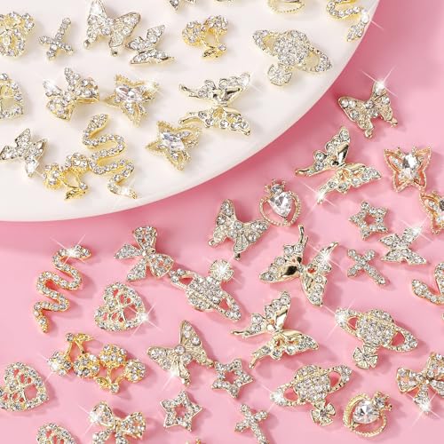 24PCS Nail Charms Y2k Alloy Nail Art Rhinestone Charms 3D Heart Bow Butterfly Charm with Rhinestones Cherry Nail Gems Shiny Jewelry Nail Decorations Accessories Supplies (SG)