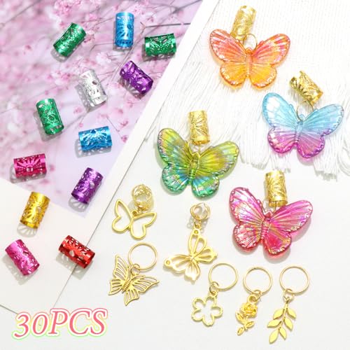 NAISKA 30Pcs Colorful Butterfly Charm for Braid Clips Gold Hair Jewelry Loc Dreadlock Accessories Flower Braid Charms Hair Cuffs Coils Rings Loc Jewelry Gifts for Women and Teen Girls