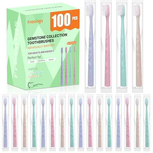 100 Pack Premium Disposable Toothbrush with Tongue Scraper ? Individually Wrapped Bulk Travel Toothbrushes, Soft Bristles for Guests, Hotel, Vacation Rental, Home & On The Go,4 Colors