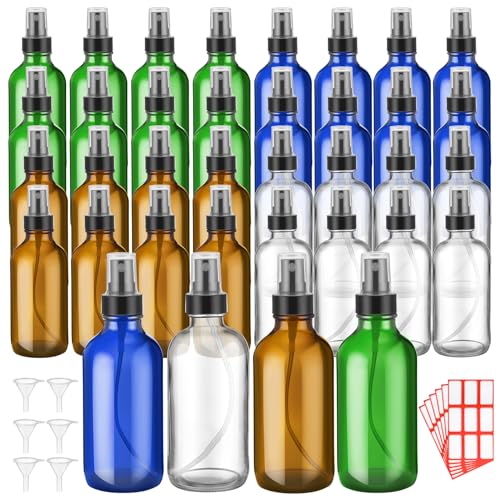 Fumete 36 Pcs Glass Spray Bottles 4oz Fine Mist Glass Spray Bottle Refillable Liquid Containers with 6 Labels 6 Funnel for Hair Travel Plants Cleaning Solutions Skin Care(Multicolor,Classic)