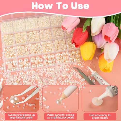 NEBURORA 13000 Pcs Ivory White Flat Back Pearl Kit 8 Sizes with Tweezer and Picker Pencil Beige Half Round Flatback Pearls Beads for DIY Crafts Nails Makeup Clothes
