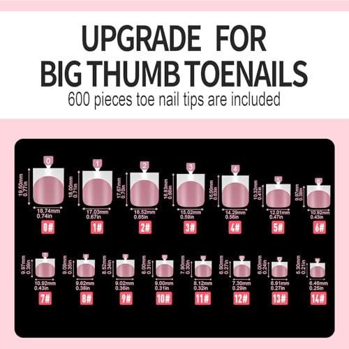 Vansiho 600 pcs French Tip Toe Nail Tips Press on, Pink White French Tips Toenail Press on Square for Women, Soft Gel Fake Toe Nails, Acrylic Nails Soak off Toe Nail Home DIY 15 Sizes