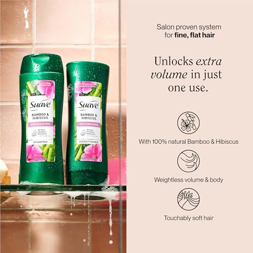 Suave Bamboo & Hibiscus Volumizing Conditioner, for Fine and Flat Hair, Salon Proven System for Boosting Hair Volume and Body, 12.6 oz