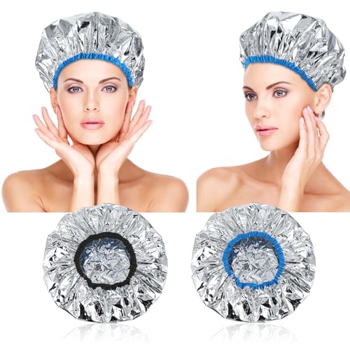 2 Pcs Heat Cap for Deep Conditioning Hair Cap for Oil Treatment Double Layer Aluminum Foil Heat Cap Reusable Steam Cap Processing Caps Shower Cap for Long Thick Hair Dyeing Home Salon Black Blue