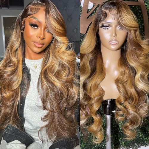 26 Inch Ombre Lace Front Wigs Human Hair 200% Density 13X4 Highlight Body Wave Lace Front Wig Human Hair Pre Plucked for Women Brown mixed Blonde HD Lace Frontal Wigs